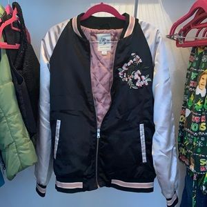 Peacock black green white and pink satin retro Asian inspired bomber jacket!